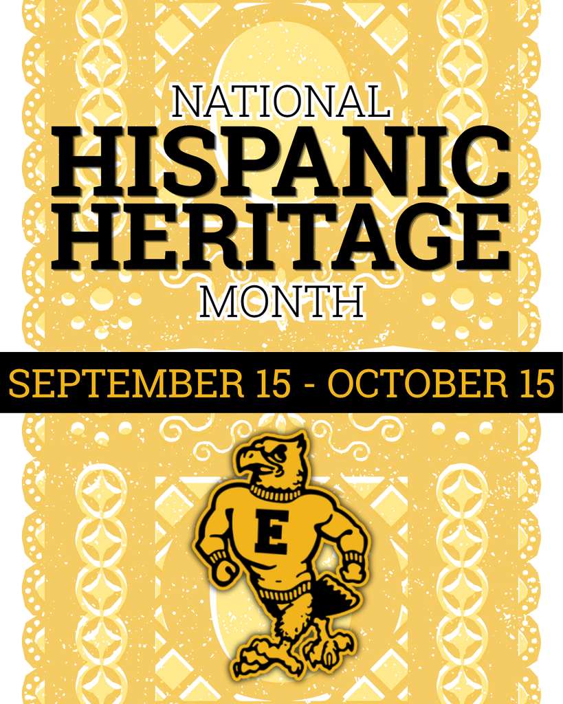 National Hispanic Heritage Month, September 15–October 15, with a gold papel picado background and school mascot.