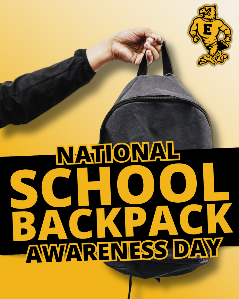 National School Backpack Awareness Day graphic featuring a hand holding a black backpack with a gold school mascot.