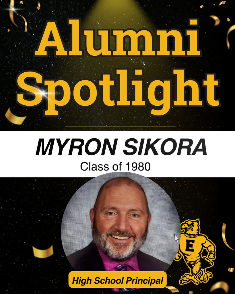 Alumni Spotlight honoring Myron Sikora, Class of 1980, a high school principal, with his portrait and school mascot.