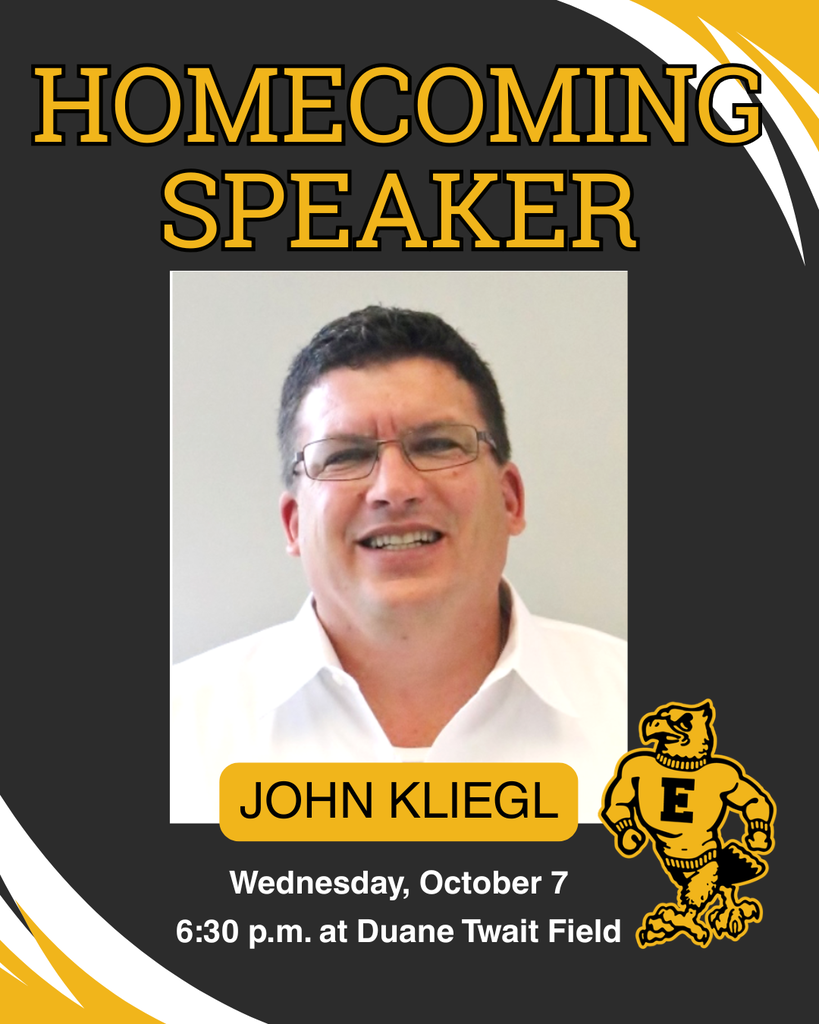 Homecoming Speaker flyer featuring John Kliegl, with event details for Wednesday, October 7 at 6:30 p.m. at Duane Twait Field.