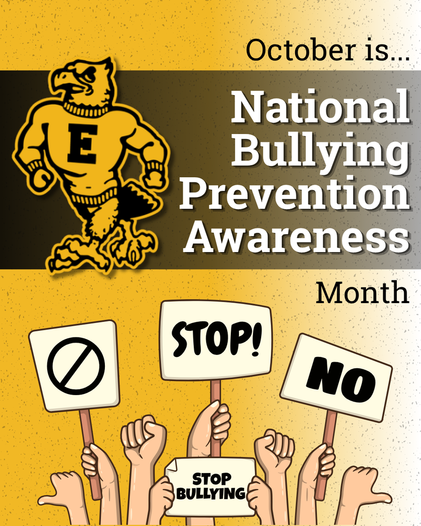 October is National Bullying Prevention Awareness Month, with raised hands holding signs that say “Stop,” “No,” and “Stop Bullying.”