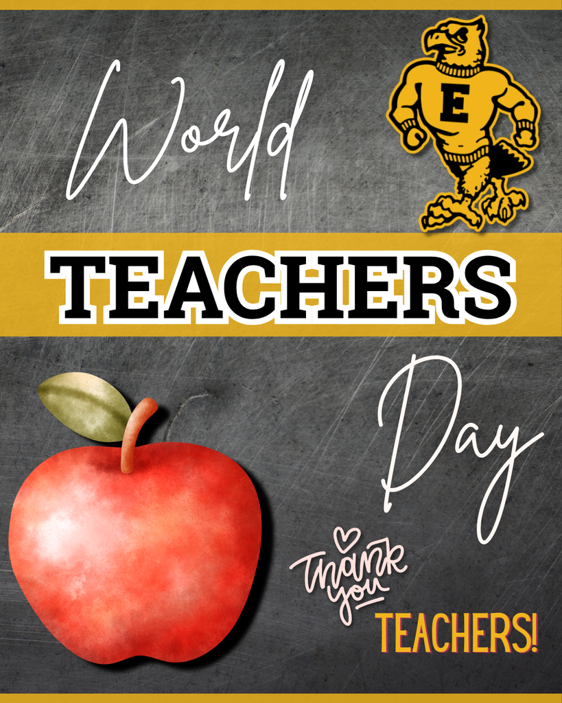 World Teachers’ Day message thanks teachers, featuring a red apple, school mascot, and black-and-gold design.
