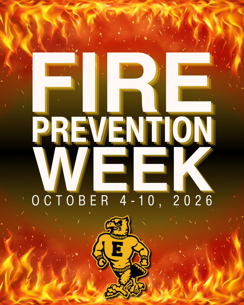 Fire Prevention Week, October 4–10, 2026, displayed amid bright flames with a black-and-gold school mascot.