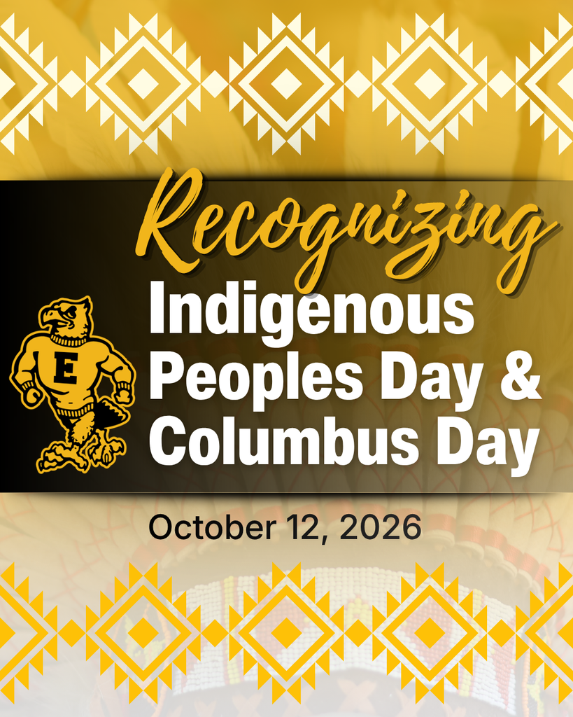 Gold and black graphic recognizing Indigenous Peoples Day and Columbus Day on October 12, 2026, with geometric patterns and a school mascot.