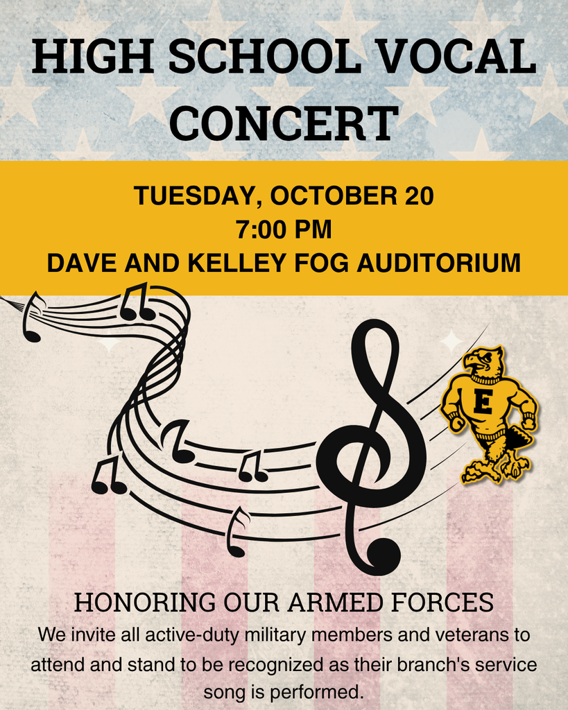 High School Vocal Concert, October 20 at 7 PM in Dave and Kelley Fog Auditorium, honoring veterans and active-duty military members.