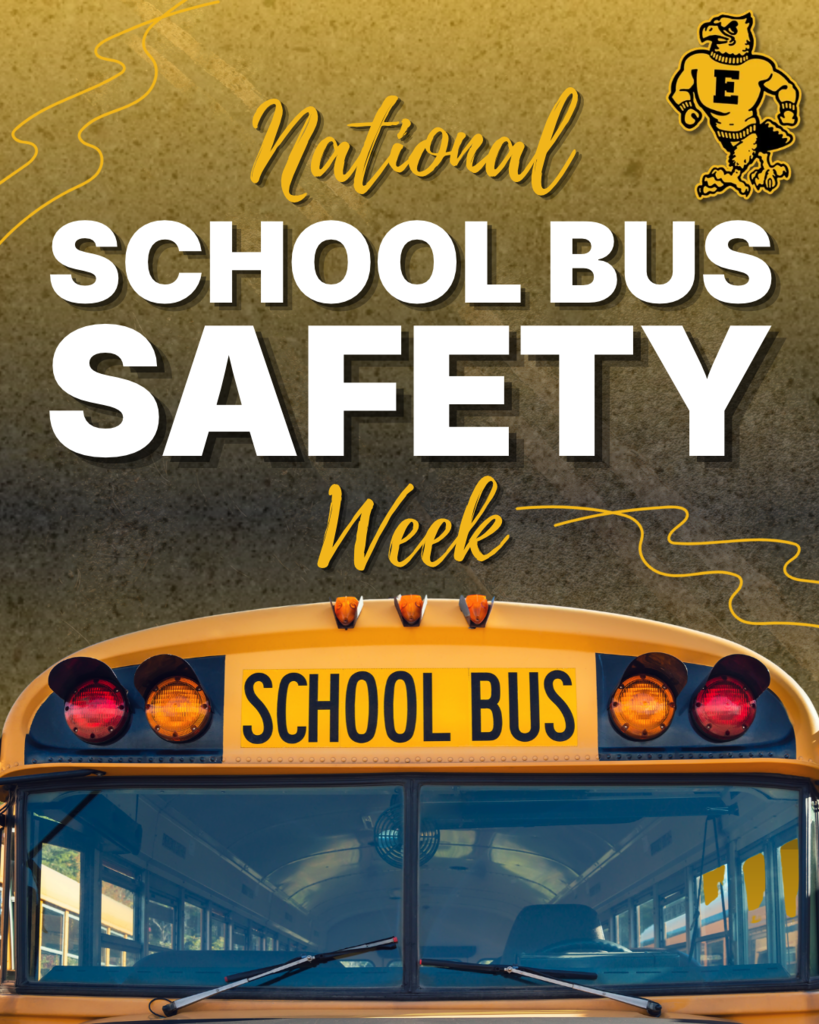 National School Bus Safety Week announcement featuring a yellow school bus, bold white lettering, and a gold-and-black background.