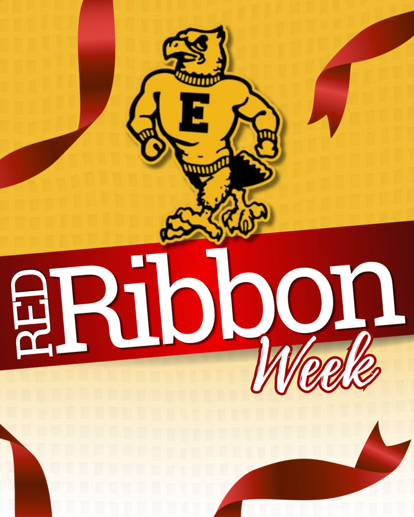 Red Ribbon Week announcement featuring a yellow-and-black eagle mascot, bold white lettering, and flowing red ribbons on a gold background.
