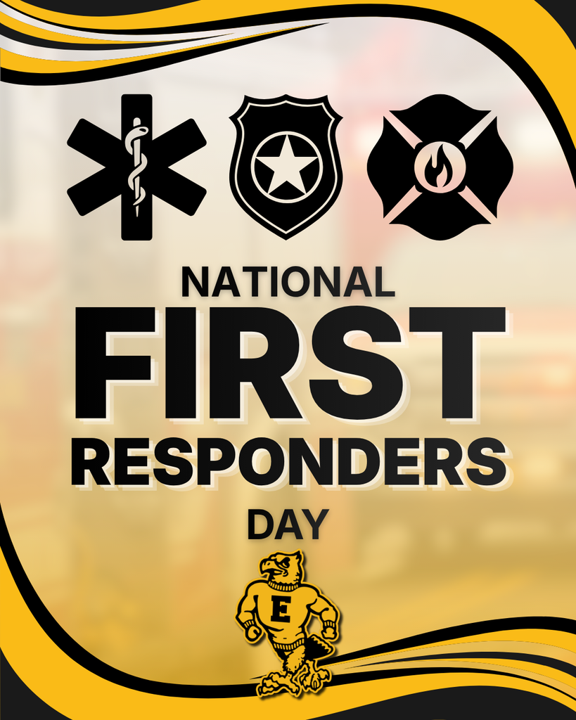 National First Responders Day tribute with EMS, police, and fire service symbols, framed in black and gold with Emmetsburg's mascot.