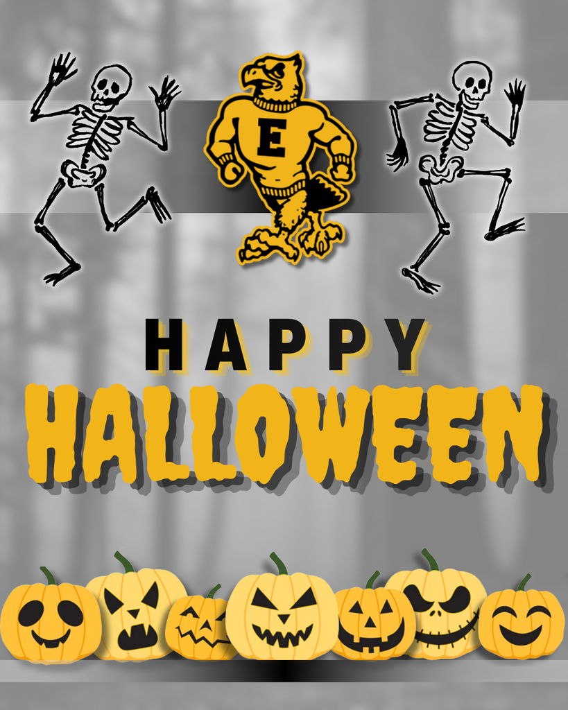 Happy Halloween greeting featuring Emmetsburg's gold mascot, dancing skeletons, and carved pumpkins against a gray background.