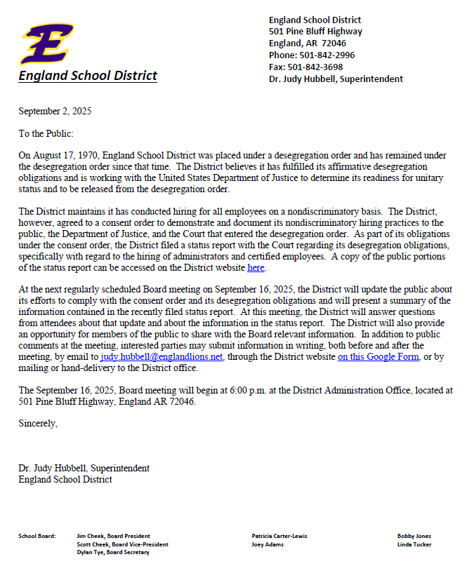 Letter to the Public for Comments on Desegregation Order
