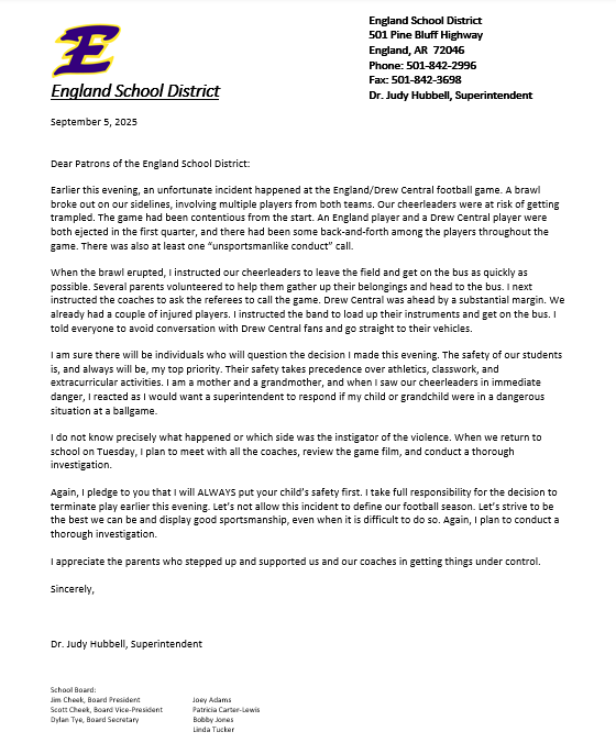 Letter from Dr. Hubbell Regarding Drew Central Football Game on 090525