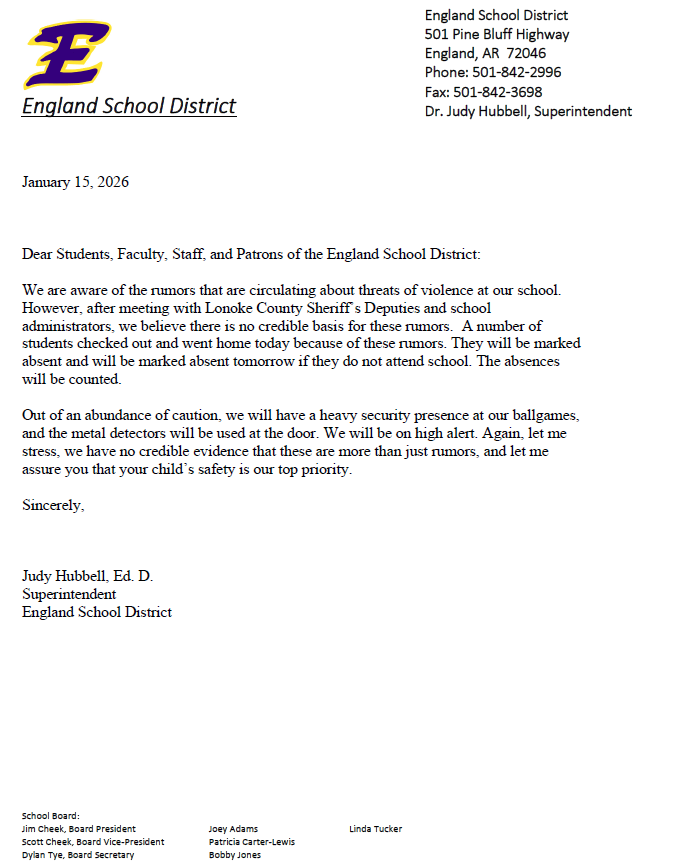 Letter from Superintendent Hubbell 011526