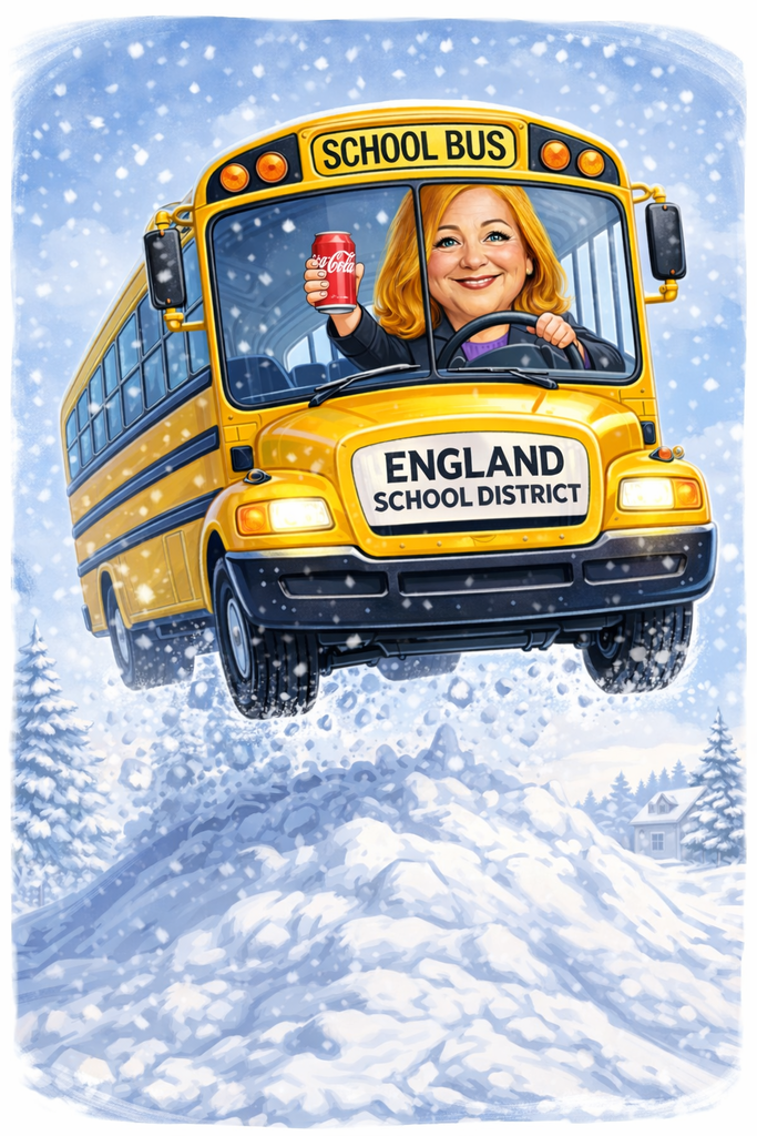 Dr. Hubbell Driving a School Bus with a Coke in Hand