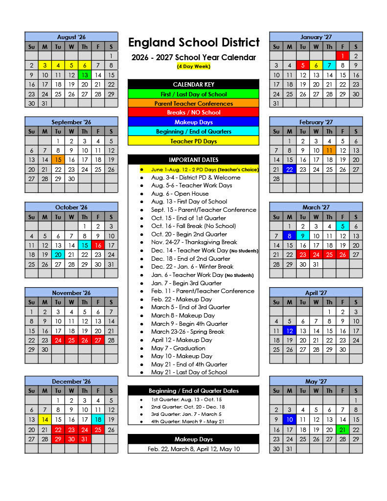 2026-27 England School District Calendar