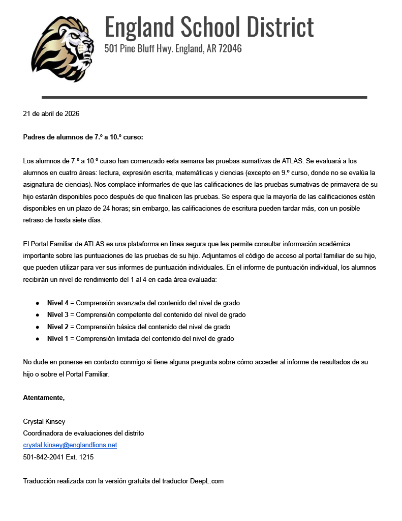 ATLAS Family Portal Letter_EHS_Spanish