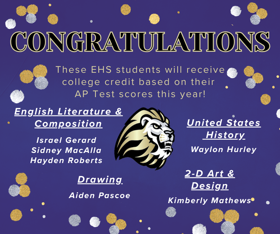 Congratulations to EHS Students Receiving College Credit for AP Test Scores
