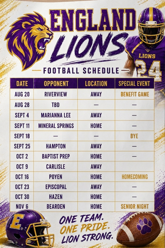 England Lions Sr High Football Schedule 2026