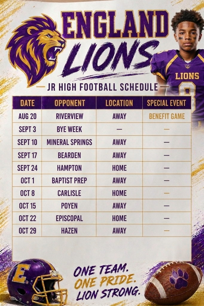 England Lions Jr High Football Schedule 2026