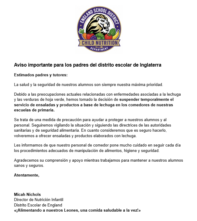 Lettuce and Leafy Green Announcement for ESD Parents and Guardians_Spanish