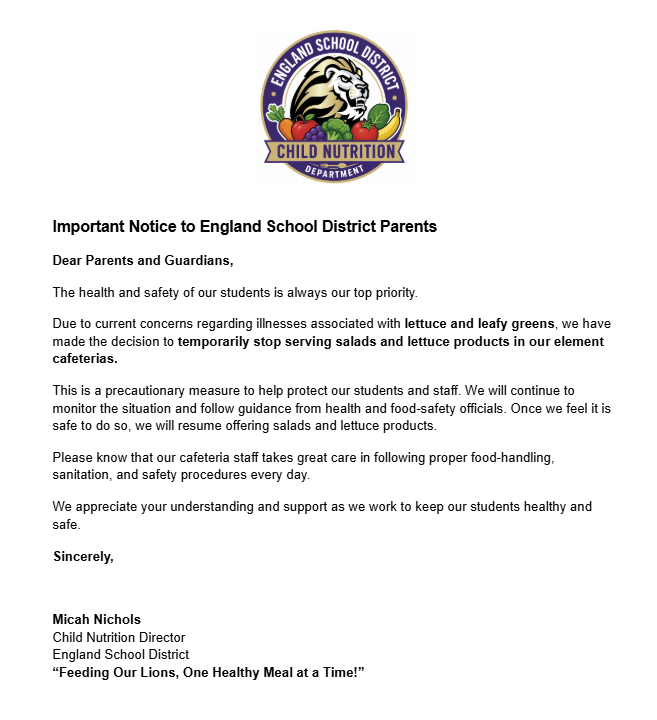 Lettuce and Leafy Green Announcement for ESD Parents and Guardians_English