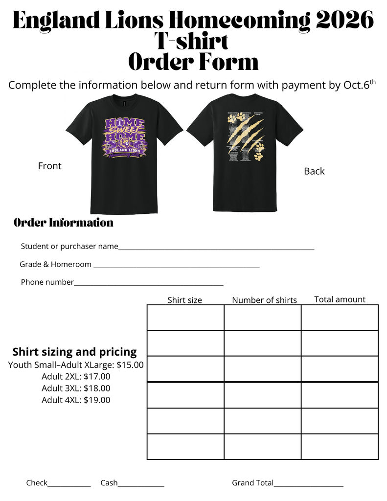 HOCO t shirt order form