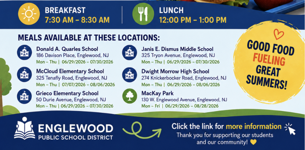 Colorful summer flyer from the Englewood Public School District promoting free summer meals for children.