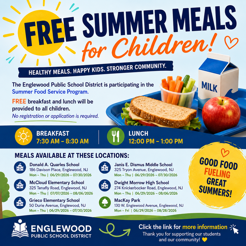 Colorful summer flyer from the Englewood Public School District promoting free summer meals for children.