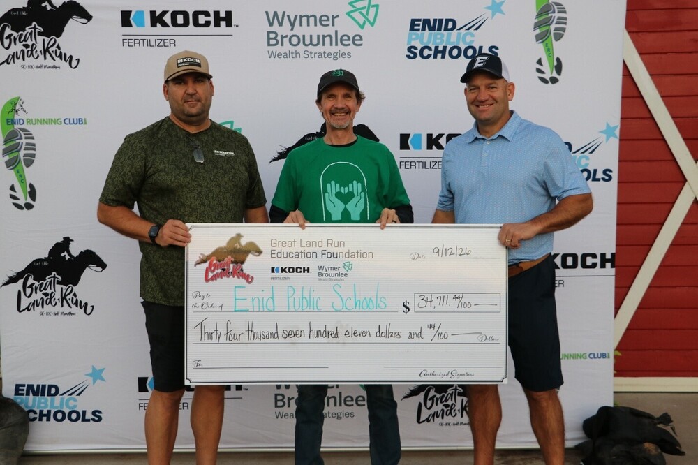 Title Sponsors Koch Fertilizer Enid and Wymer Brownlee present the final check for over $34,000 from the Great Land Run to Enid Public Schools; (left to right) Bo Uhrmacher, EH&S Leader at Koch Fertilizer Enid and President of the Great Land Run Board; Stephen O’Neill, with Wymer Brownlee; and Dr. Dudley Darrow, Superintendent of Enid Public Schools.