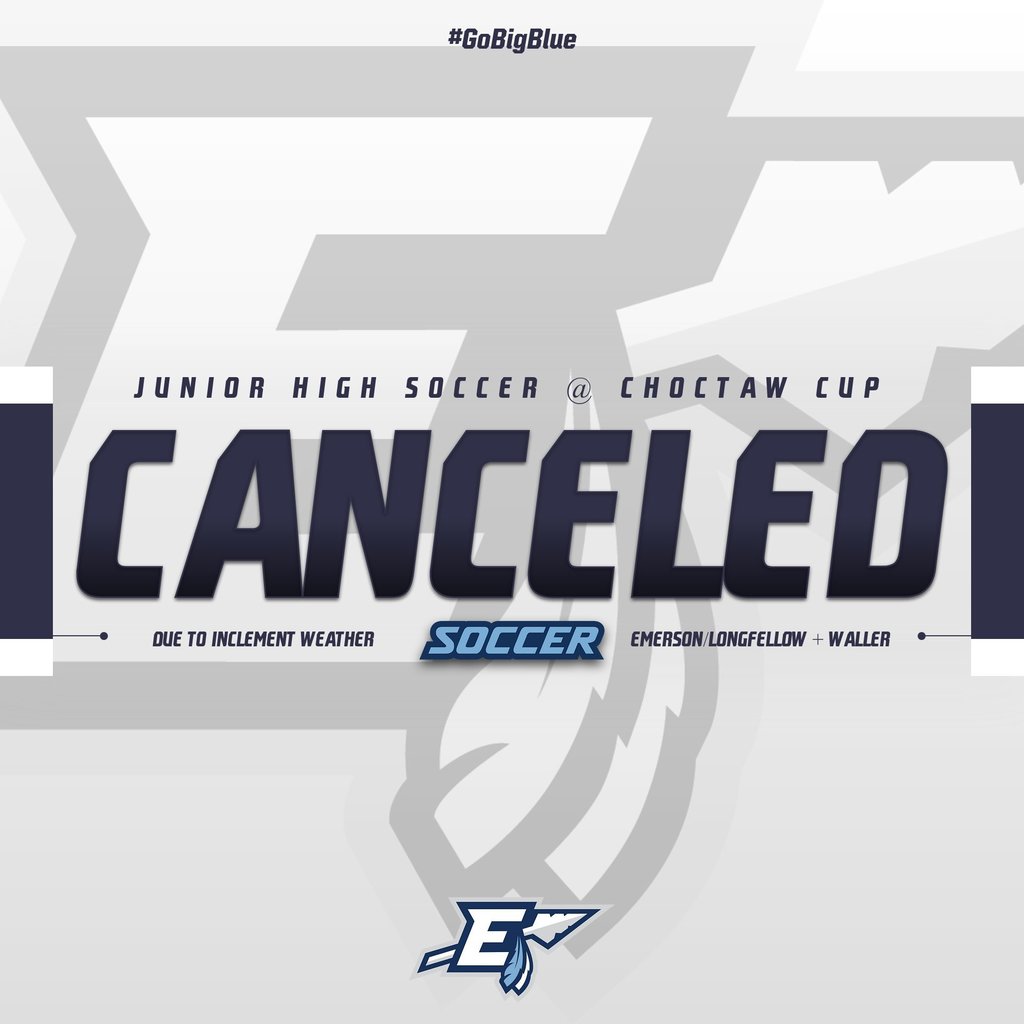 "Image. Dark blue and white graphic with text announcing the cancellation of a Junior High Soccer game due to bad weather. The text is in large, bold letters and easy to read. The background has a pattern of stylized stars. The hashtag #GoBigBlue is included."
