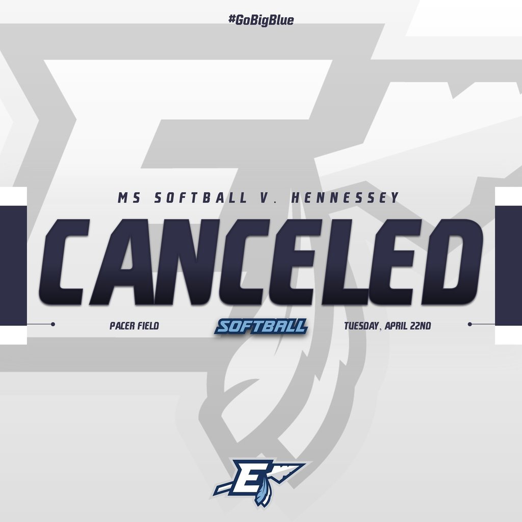 The image displays a graphic announcing the cancellation of a Middle School (MS) Softball game against Hennessey. The word "CANCELED" is prominently featured in large, bold, dark blue lettering with a subtle shadow effect. Below "CANCELED," the text reads "PACER FIELD" on the left, "SOFTBALL" in a stylized blue font with a white outline in the center, and "TUESDAY, APRIL 22ND" on the right. In the upper left corner, "#GoBigBlue" is visible in a smaller, lighter font. A faint, stylized logo featuring a letter "E" with a spear-like element extending from it is visible in the background, slightly blurred. The overall color scheme is predominantly white and dark blue.