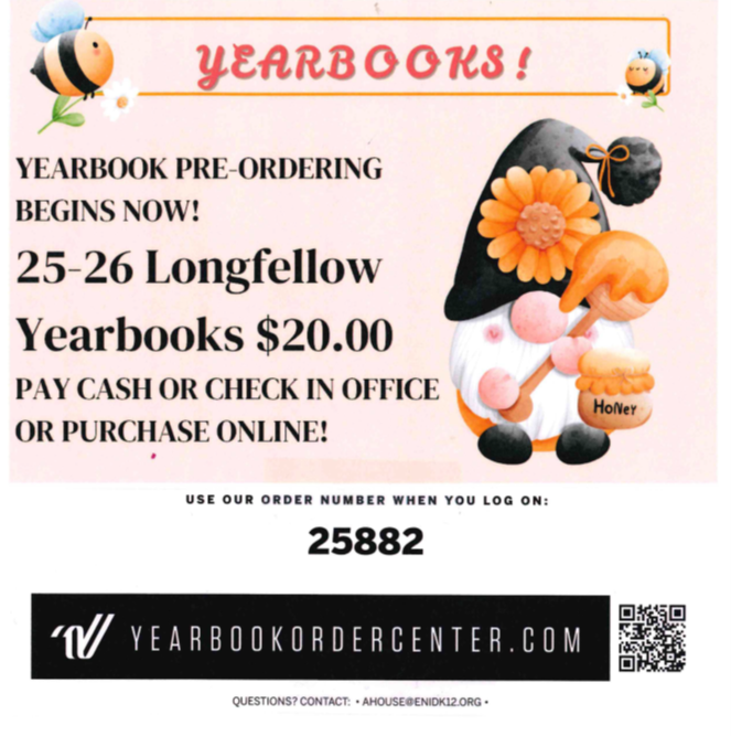 Yearbook Pre- Ordering begins now! $20.00 QR Code on Flyer or Pay in Office