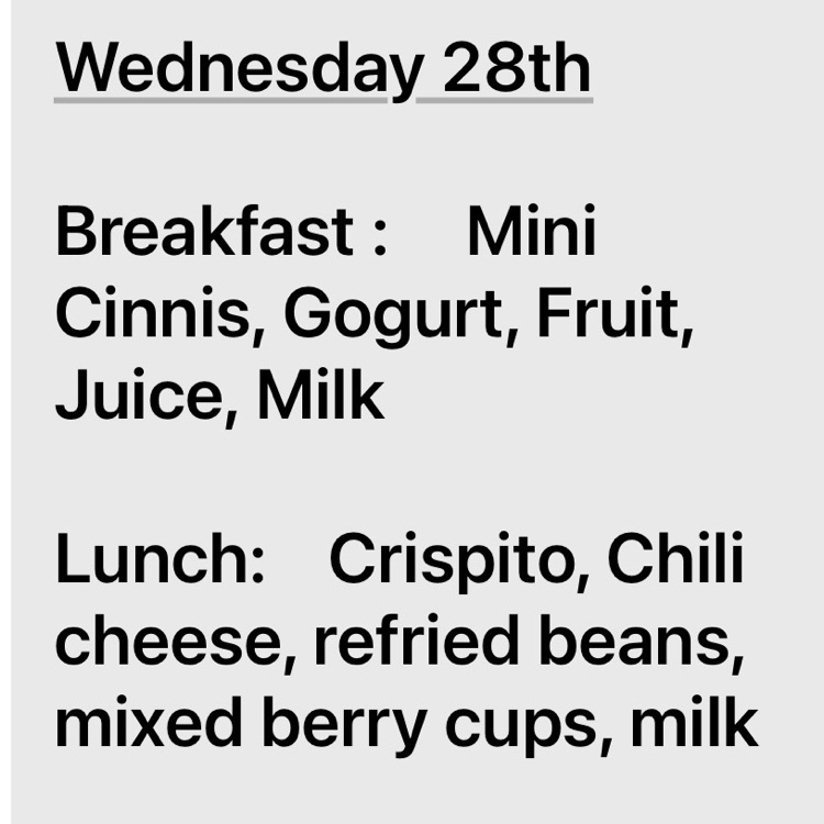 menu change for Wednesday. breakfast will be mini-cinnis, gogurt, and fruit. lunch will be crispito and chili cheese.