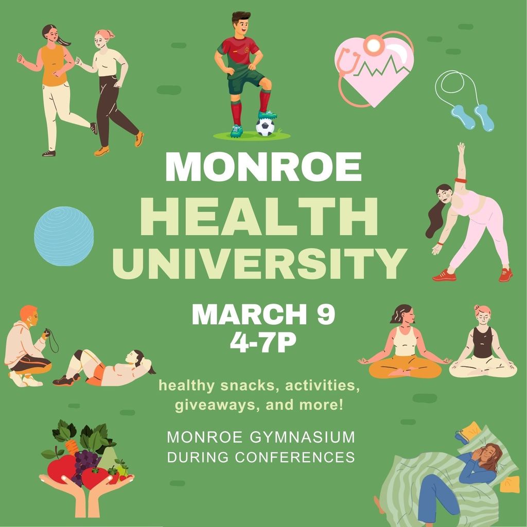 Visit our Health University for healthy snacks, giveaways, and activities. Monroe will host this in its gym during Monday's conferences. Thank you to our sponsors, HSOK and TSET.