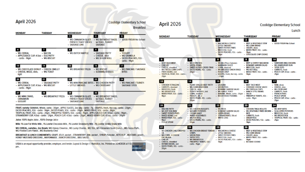 April Calendar lunch menu.