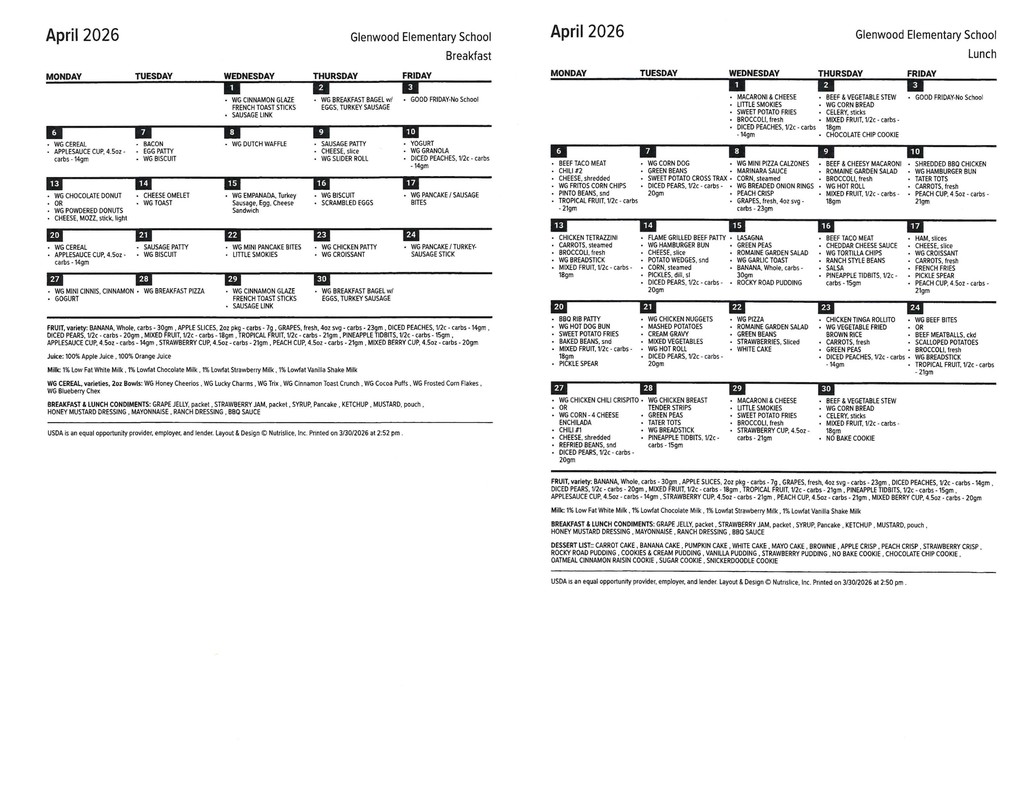 April 2026 Menu