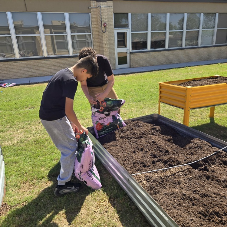 The Monroe Garden Club preps our new garden boxes.💙🦁💛