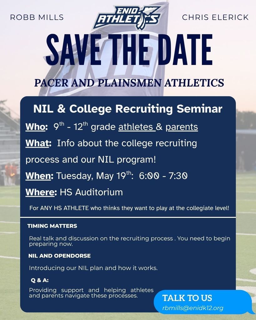 NIL and College Recruiting Seminar May 19 at 6:00 PM in the EHS Auditorium Parents and Athletes of EHS, please join us.  Great opportunity for those who want to play at the next level.  