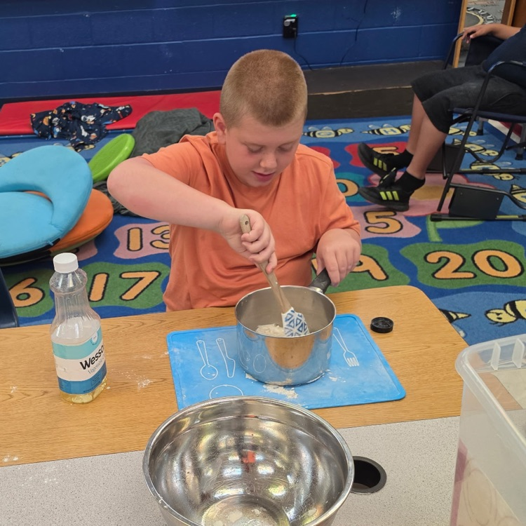 Our OT providers helped Ms. Johnston and Mrs. Peterson's classes make play doh.💙🦁💛