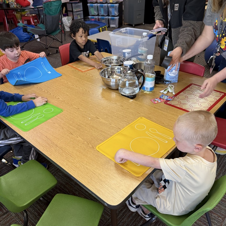 Our OT providers helped Ms. Johnston and Mrs. Peterson's classes make play doh.💙🦁💛