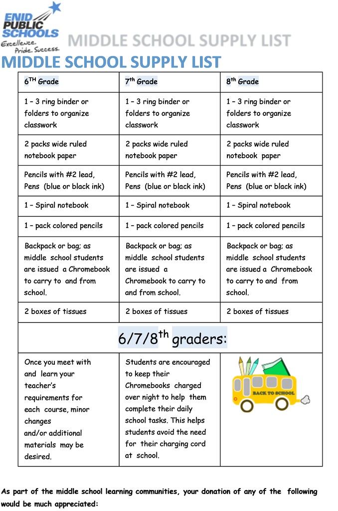 Supply List Middle School