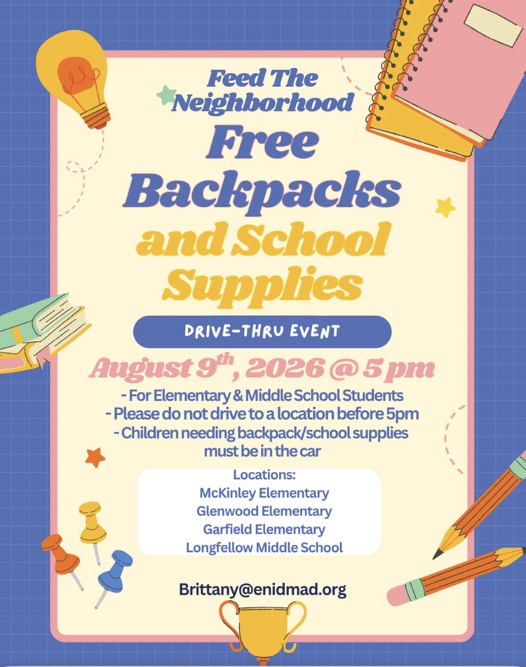 DRIVE-THRU EVENT August 9th , 2026 @ 5pm - For Elementary & Middle School Students - Please do not drive to a location before 5pm - Children needing backpack/school supplies must be in the car.