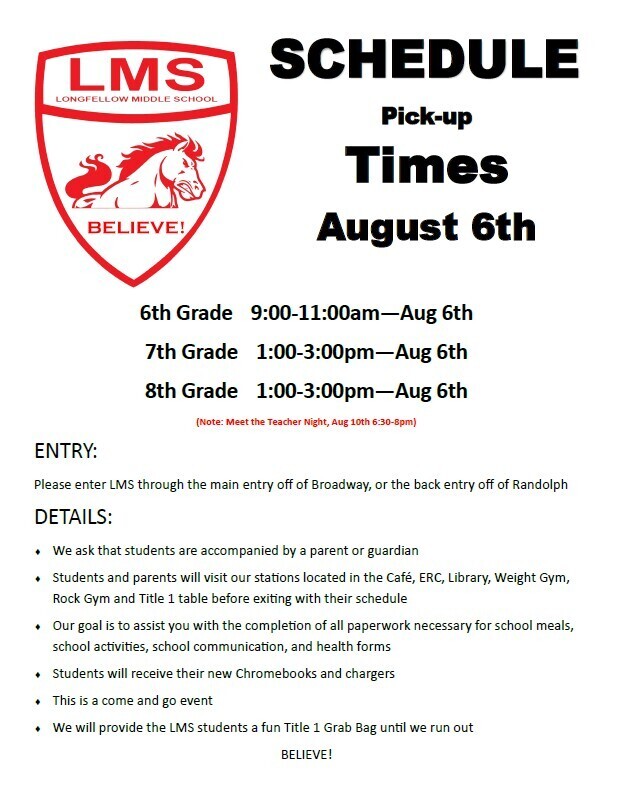 page gives times students can attend schedule pick up, including 6th grade 9-11am and 7/8th grade 1-3pm on Aug. 6th