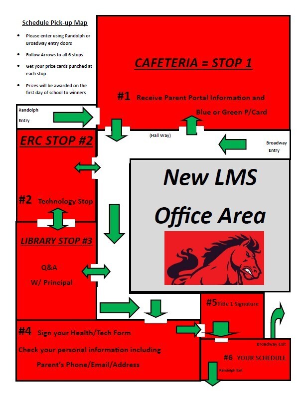 Map of the LMS schedule pick up day shows doors to enter the school and how the event will take place on the 1st floor only. We will offer assistance to anyone needing help during this event.