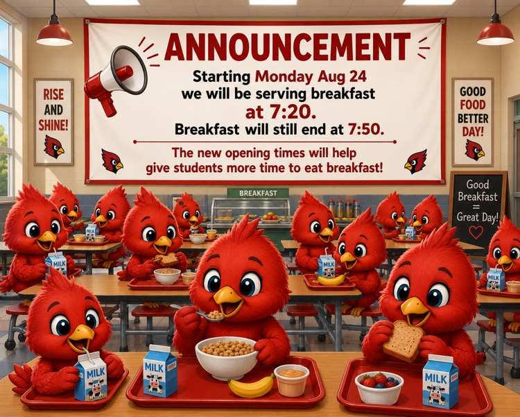 colorful cartoon illustration of a school cafeteria featuring cheerful baby red cardinals sitting at tables and eating breakfast. The students are shown eating cereal, toast, and fruit and drinking milk.