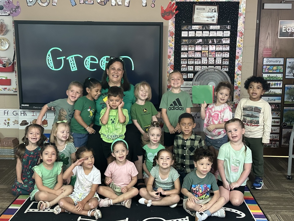 Ms. Silva's Pre-K class poses for a group picture wearing green clothes for green day
