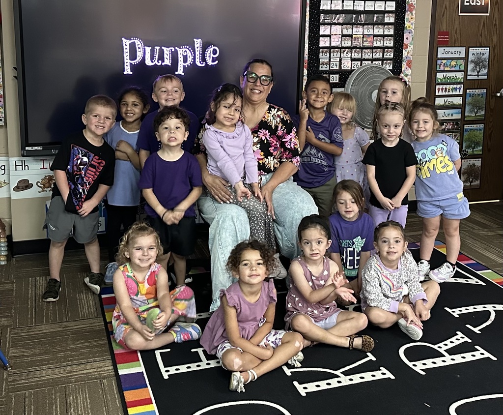 Ms. Silva's class posing in their purple outfits for the day