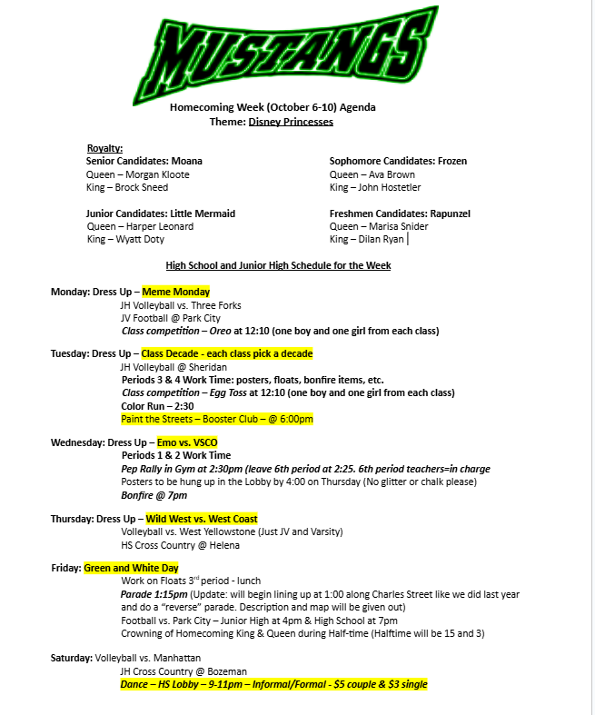 Homecomming Week Schedule