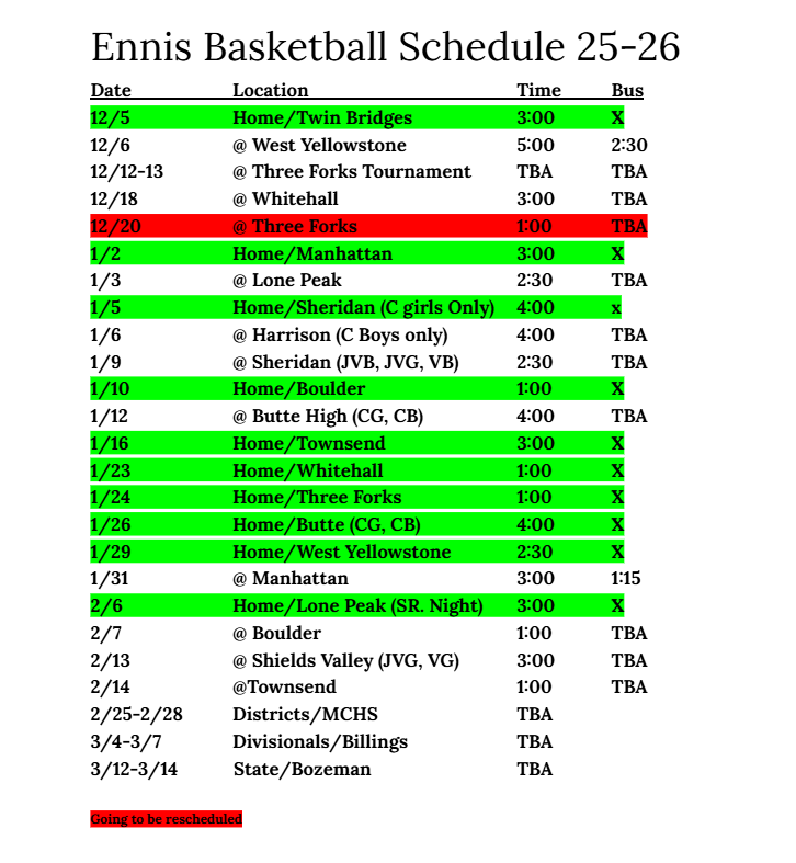 High School Basketball Schedule
