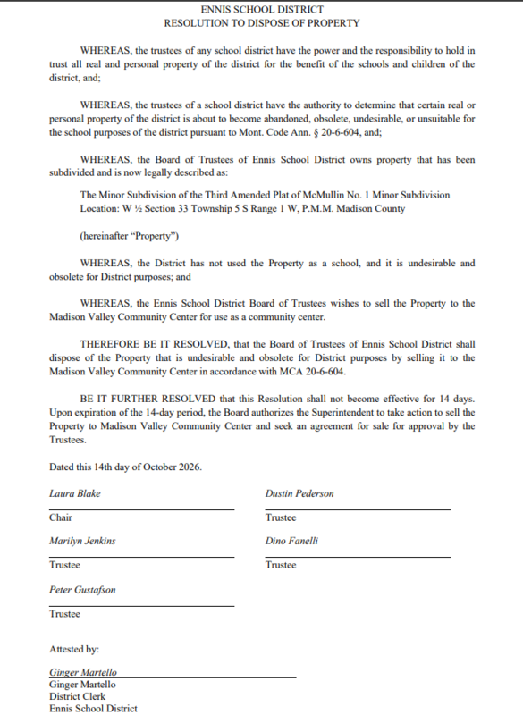 Ennis School District Resolution to Dispose of Property