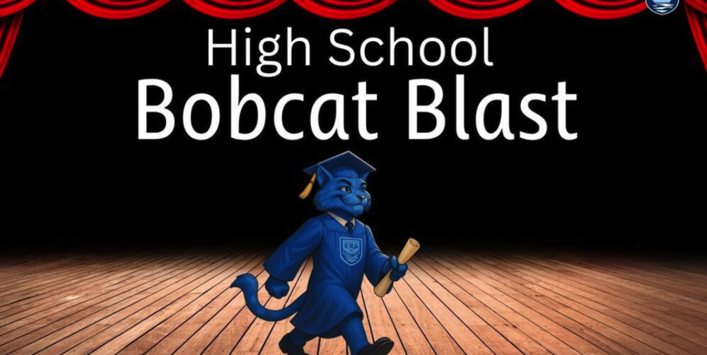 Bobcat in a cap and gown walking across the stage as if graduating